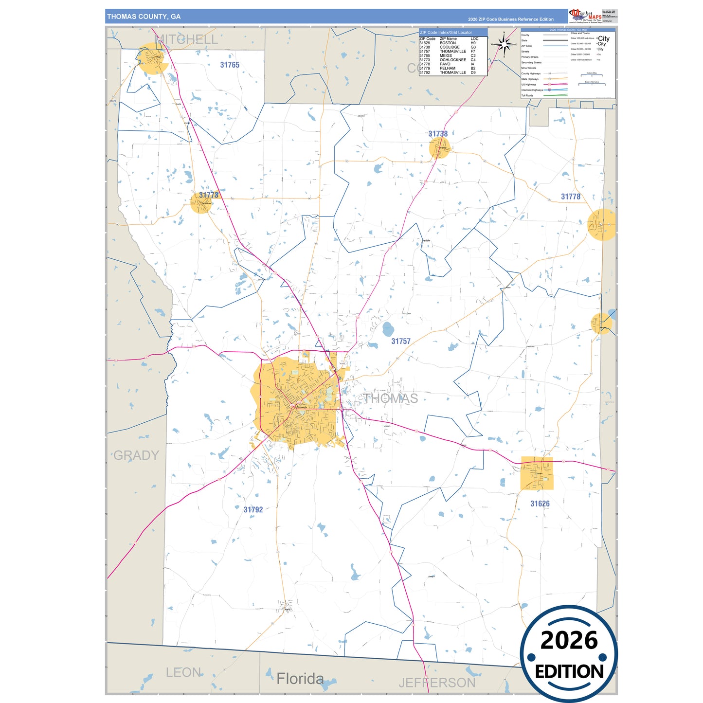 Thomas County, GA Business Reference 5 Digit ZIP Code Wall Map