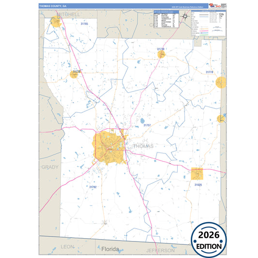 Thomas County, GA Business Reference 5 Digit ZIP Code Wall Map