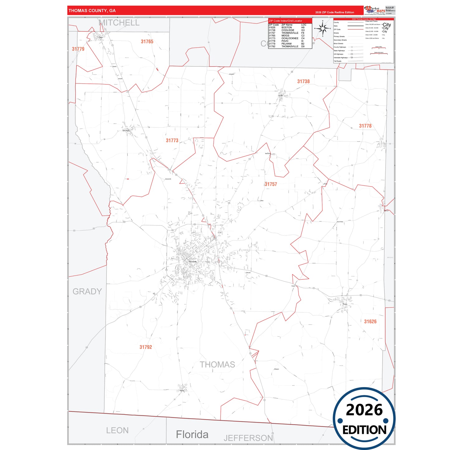 Thomas County, GA Red Line 5 Digit ZIP Code Wall Map