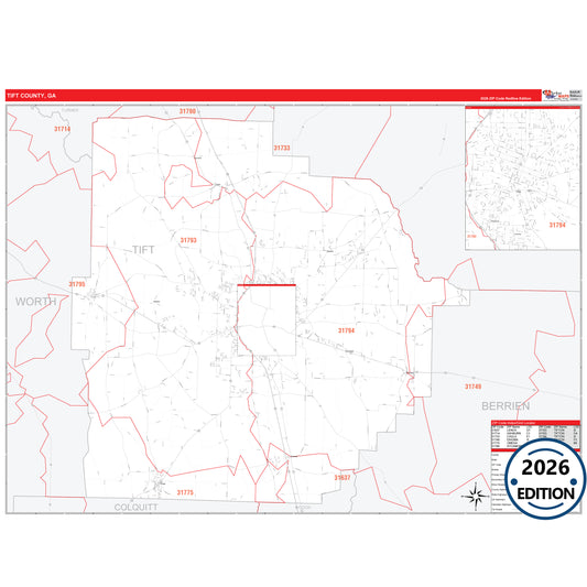 Tift County, GA Red Line 5 Digit ZIP Code Wall Map
