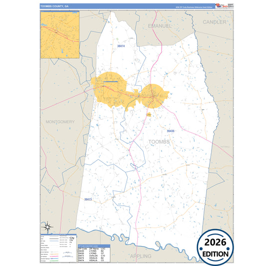 Toombs County, GA Business Reference 5 Digit ZIP Code Wall Map