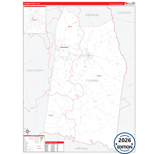 Toombs County, GA Red Line 5 Digit ZIP Code Wall Map