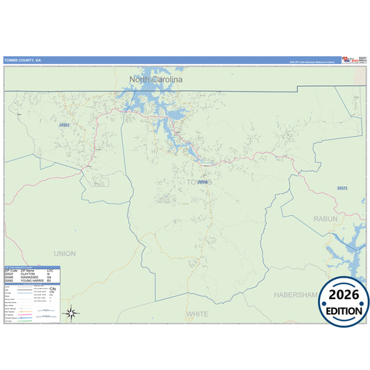 Towns County, GA Business Reference 5 Digit ZIP Code Wall Map