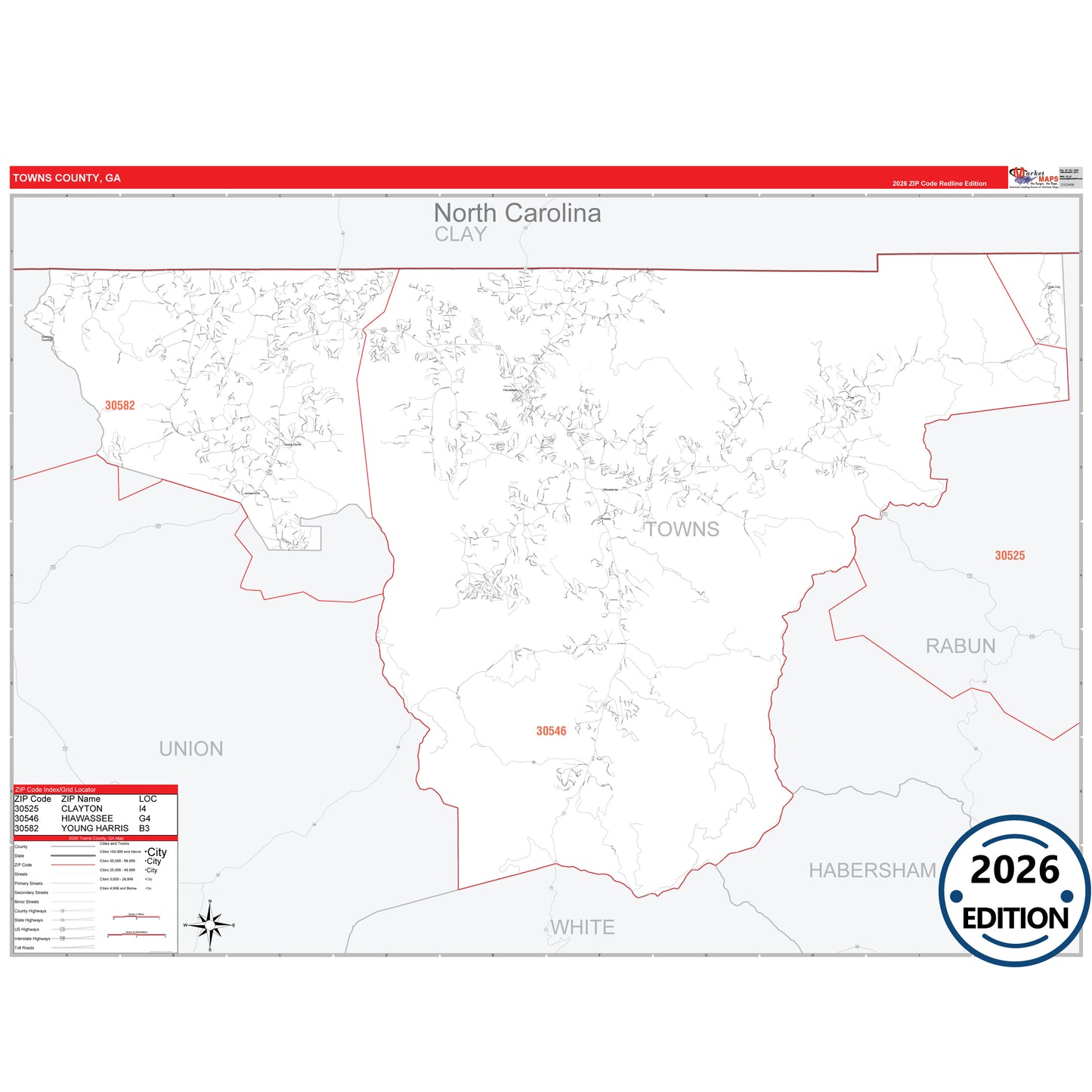 Towns County, GA Red Line 5 Digit ZIP Code Wall Map
