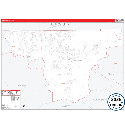 Towns County, GA Red Line 5 Digit ZIP Code Wall Map