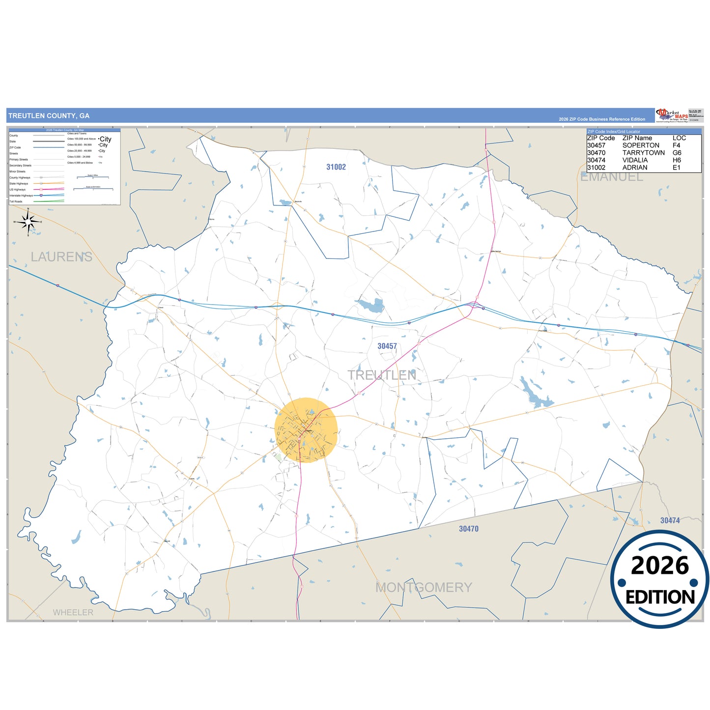 Treutlen County, GA Business Reference 5 Digit ZIP Code Wall Map