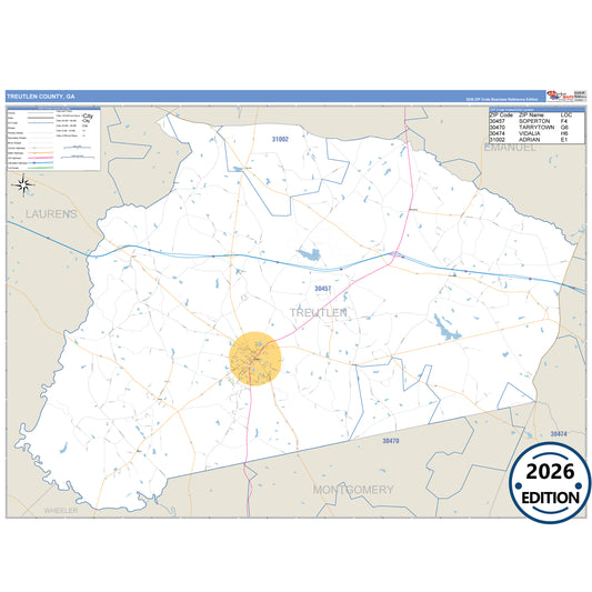 Treutlen County, GA Business Reference 5 Digit ZIP Code Wall Map