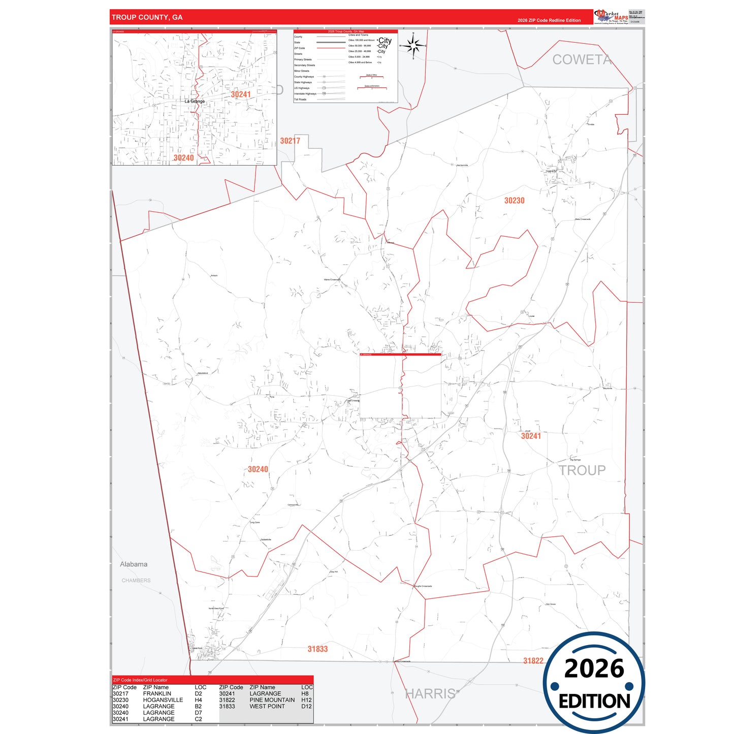 Troup County, GA Red Line 5 Digit ZIP Code Wall Map