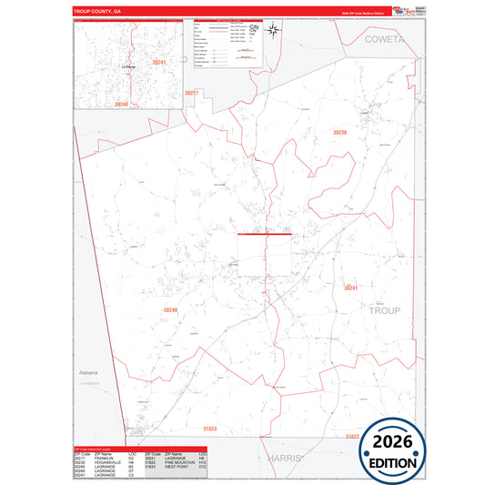 Troup County, GA Red Line 5 Digit ZIP Code Wall Map