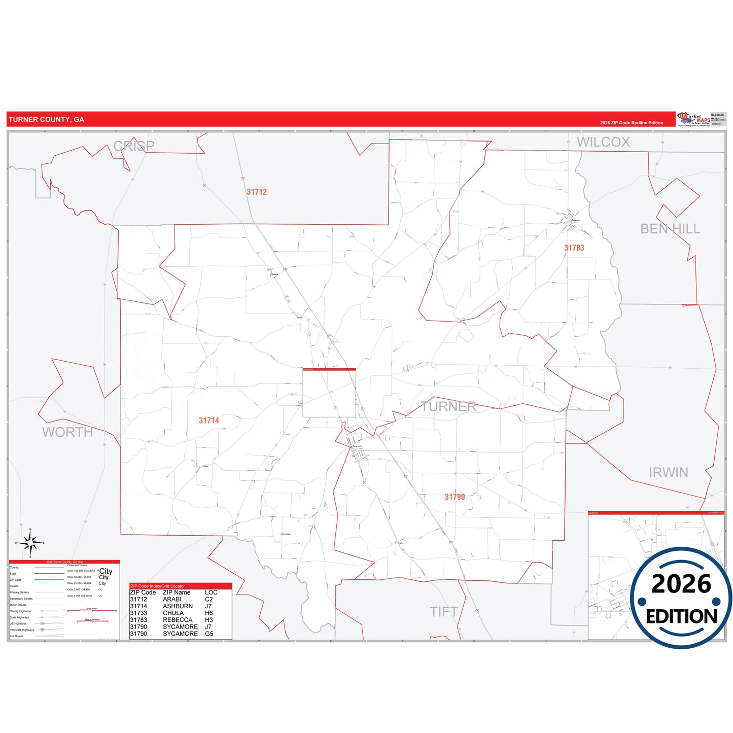 Turner County, GA Red Line 5 Digit ZIP Code Wall Map