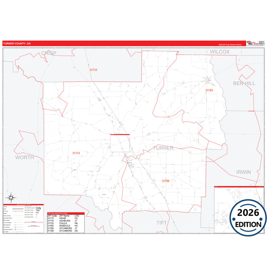 Turner County, GA Red Line 5 Digit ZIP Code Wall Map