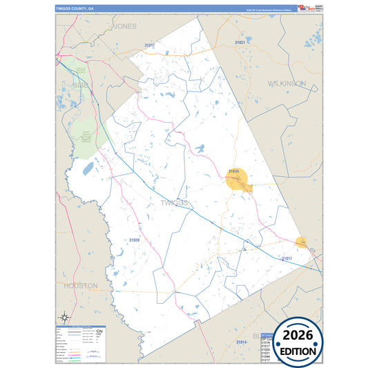 Twiggs County, GA Business Reference 5 Digit ZIP Code Wall Map