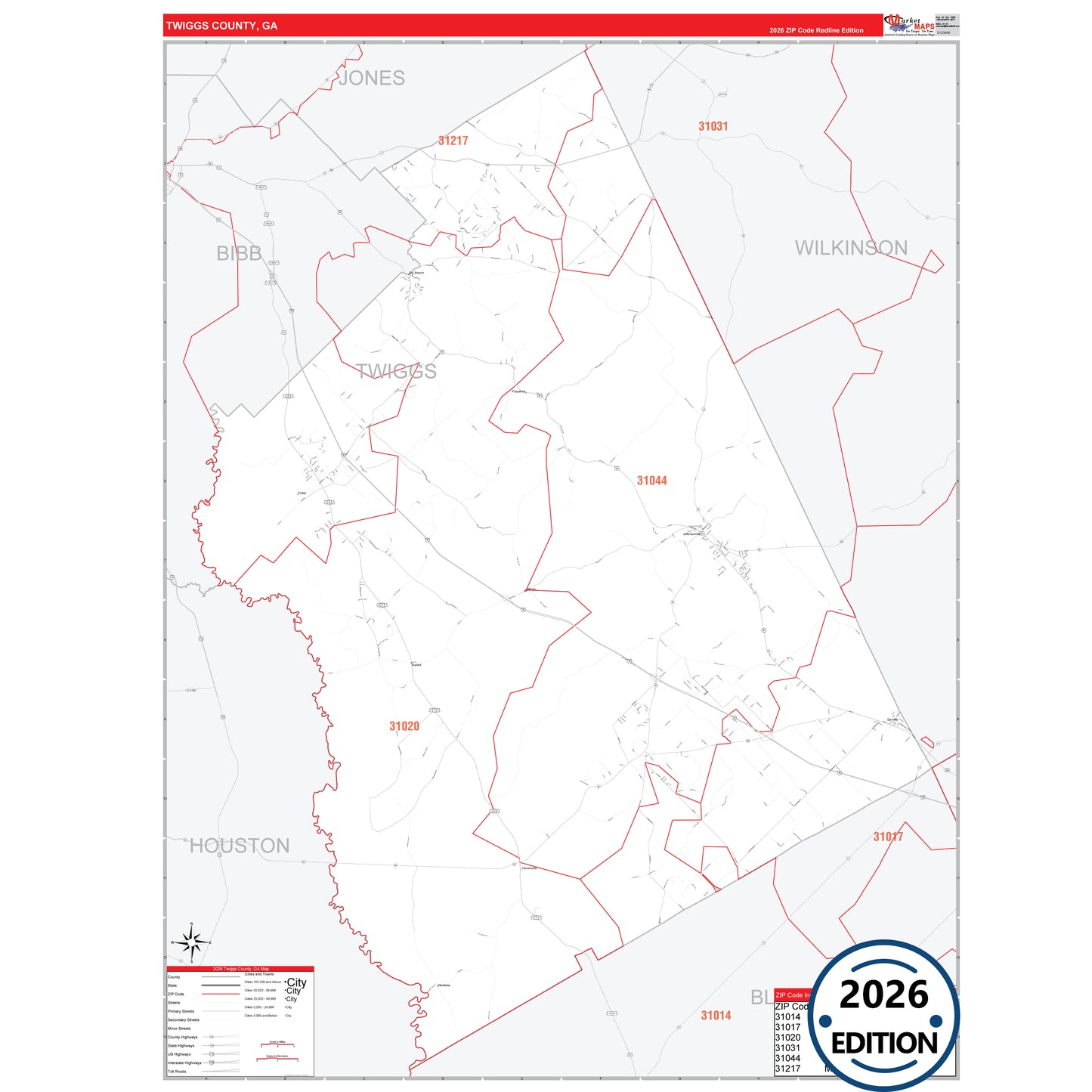 Twiggs County, GA Red Line 5 Digit ZIP Code Wall Map