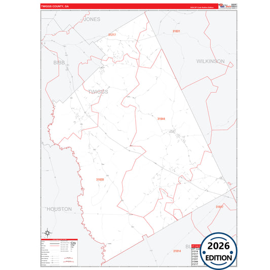 Twiggs County, GA Red Line 5 Digit ZIP Code Wall Map