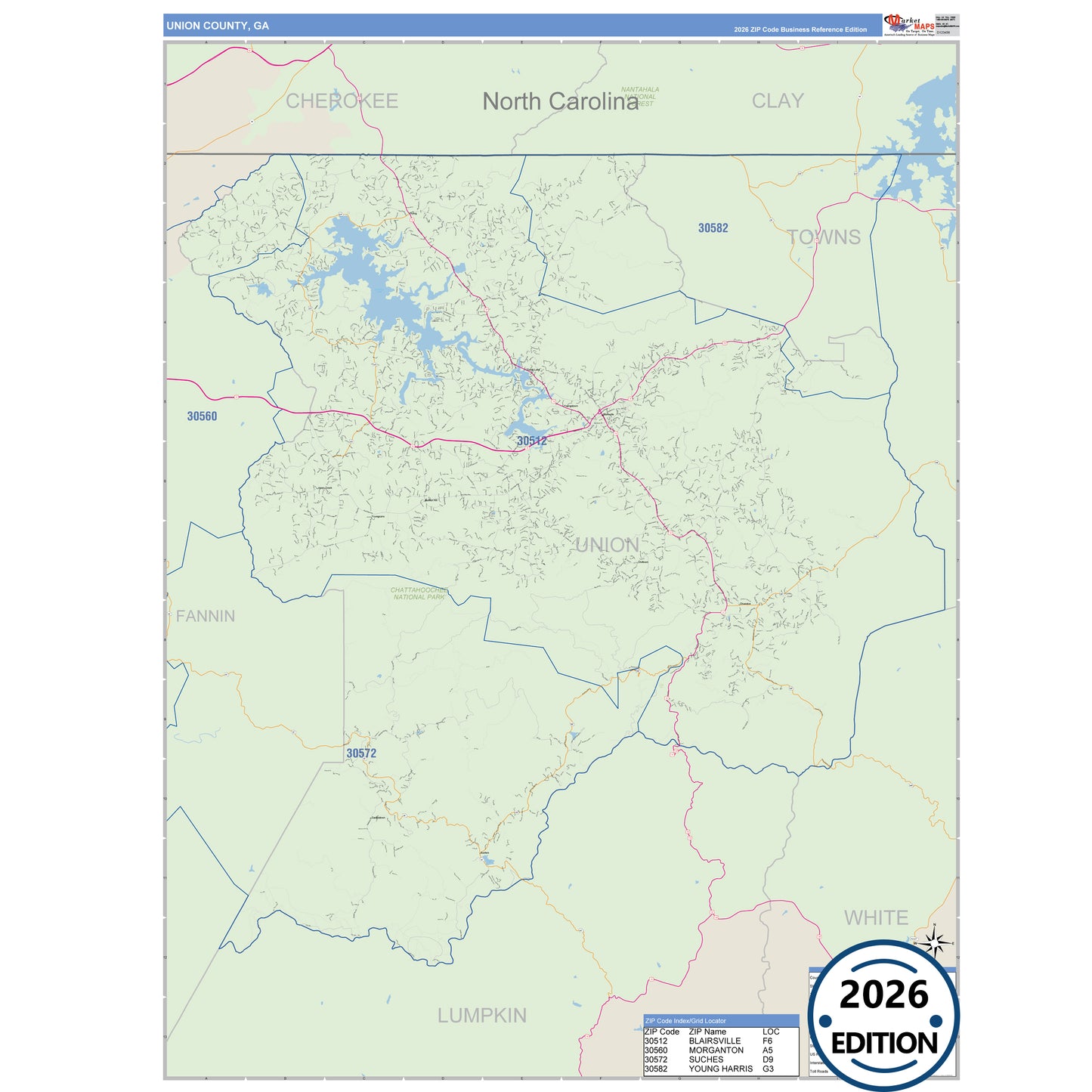 Union County, GA Business Reference 5 Digit ZIP Code Wall Map