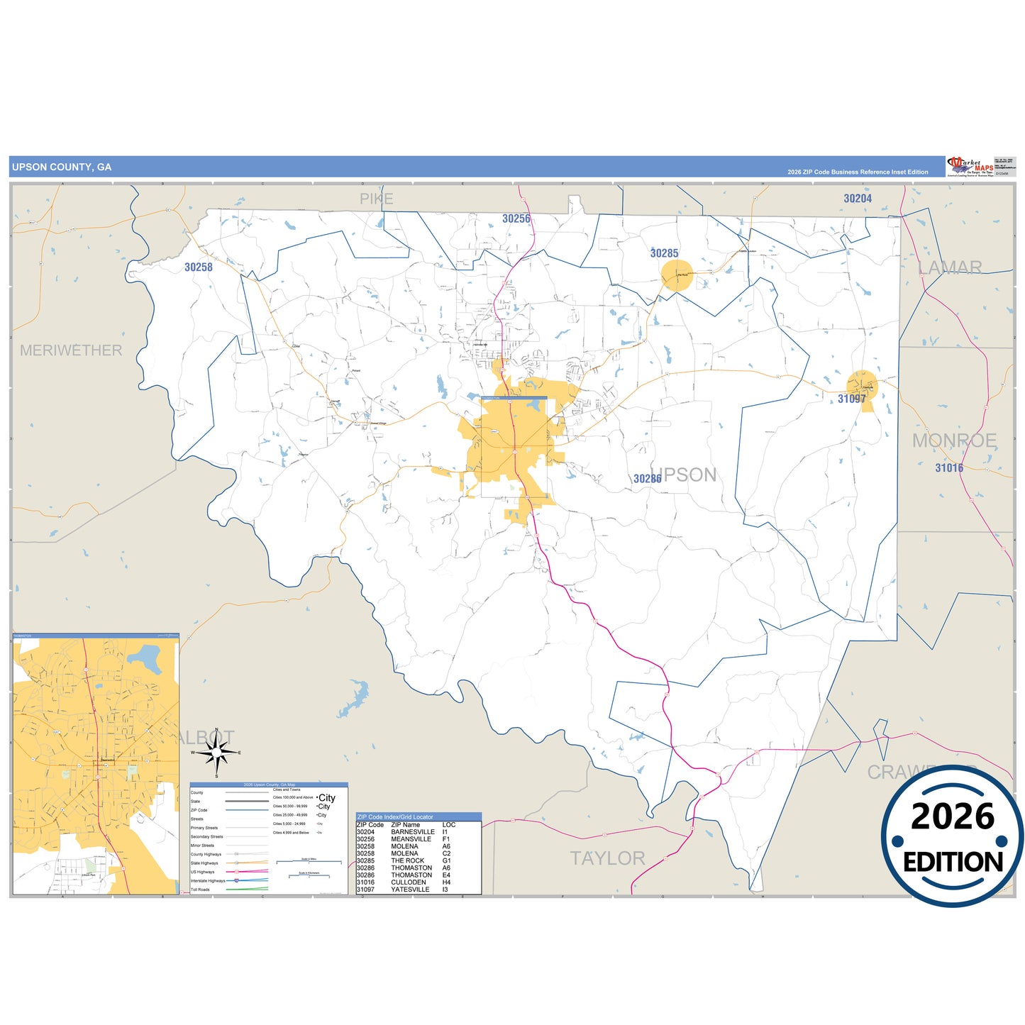 Upson County, GA Business Reference 5 Digit ZIP Code Wall Map