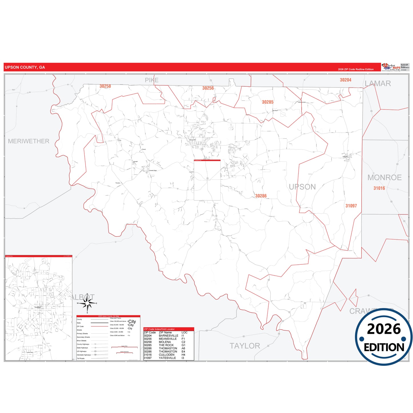 Upson County, GA Red Line 5 Digit ZIP Code Wall Map