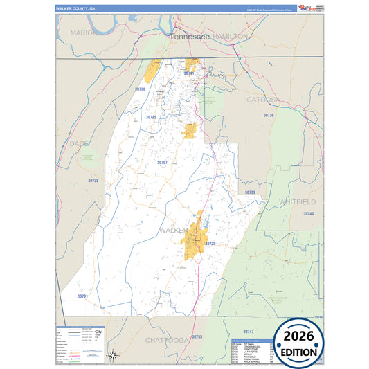 Walker County, GA Business Reference 5 Digit ZIP Code Wall Map