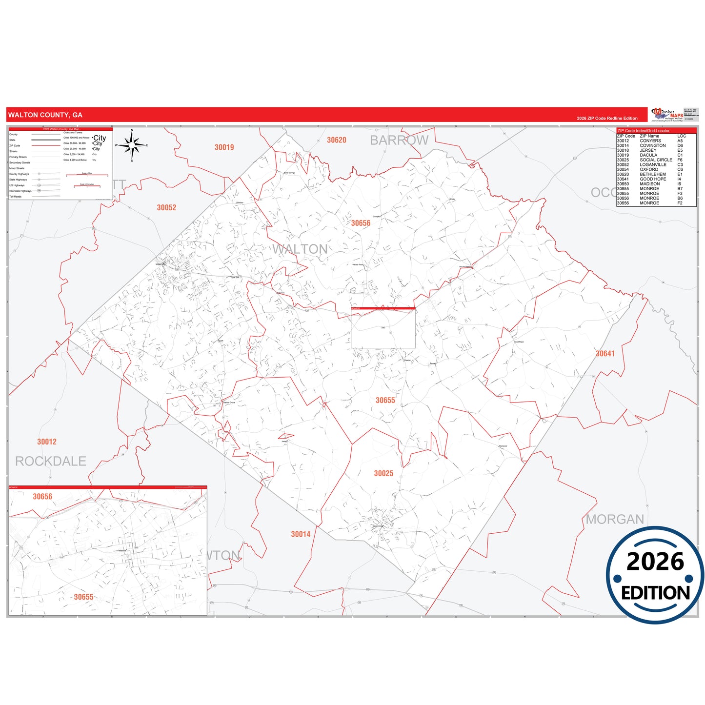 Walton County, GA Red Line 5 Digit ZIP Code Wall Map