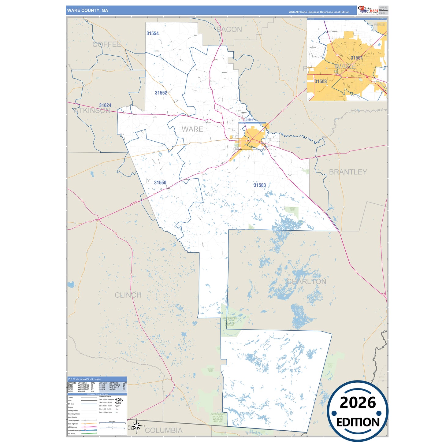 Ware County, GA Business Reference 5 Digit ZIP Code Wall Map