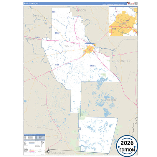 Ware County, GA Business Reference 5 Digit ZIP Code Wall Map