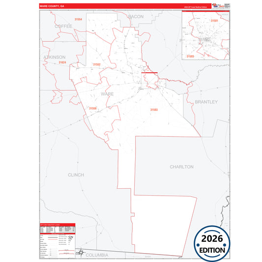 Ware County, GA Red Line 5 Digit ZIP Code Wall Map