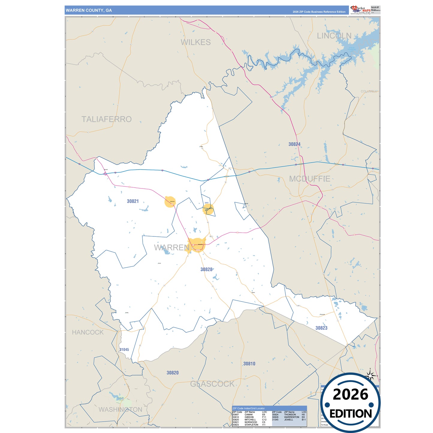 Warren County, GA Business Reference 5 Digit ZIP Code Wall Map