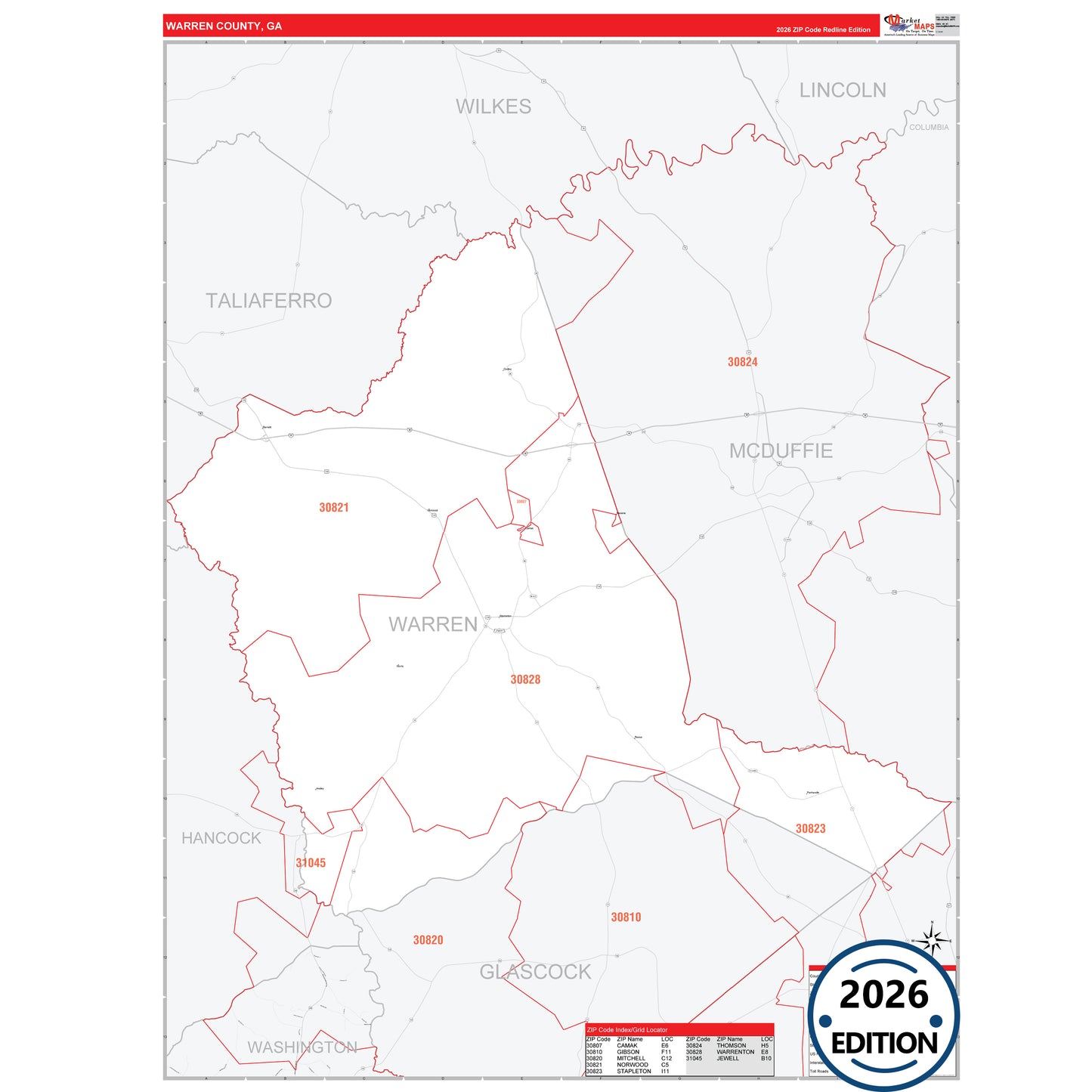 Warren County, GA Red Line 5 Digit ZIP Code Wall Map
