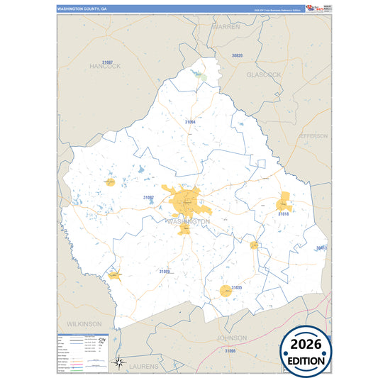 Washington County, GA Business Reference 5 Digit ZIP Code Wall Map