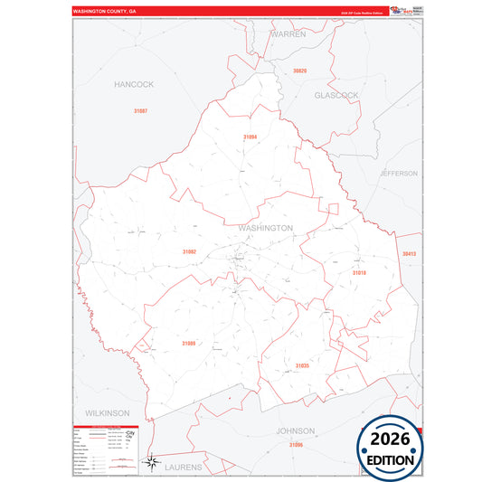 Washington County, GA Red Line 5 Digit ZIP Code Wall Map