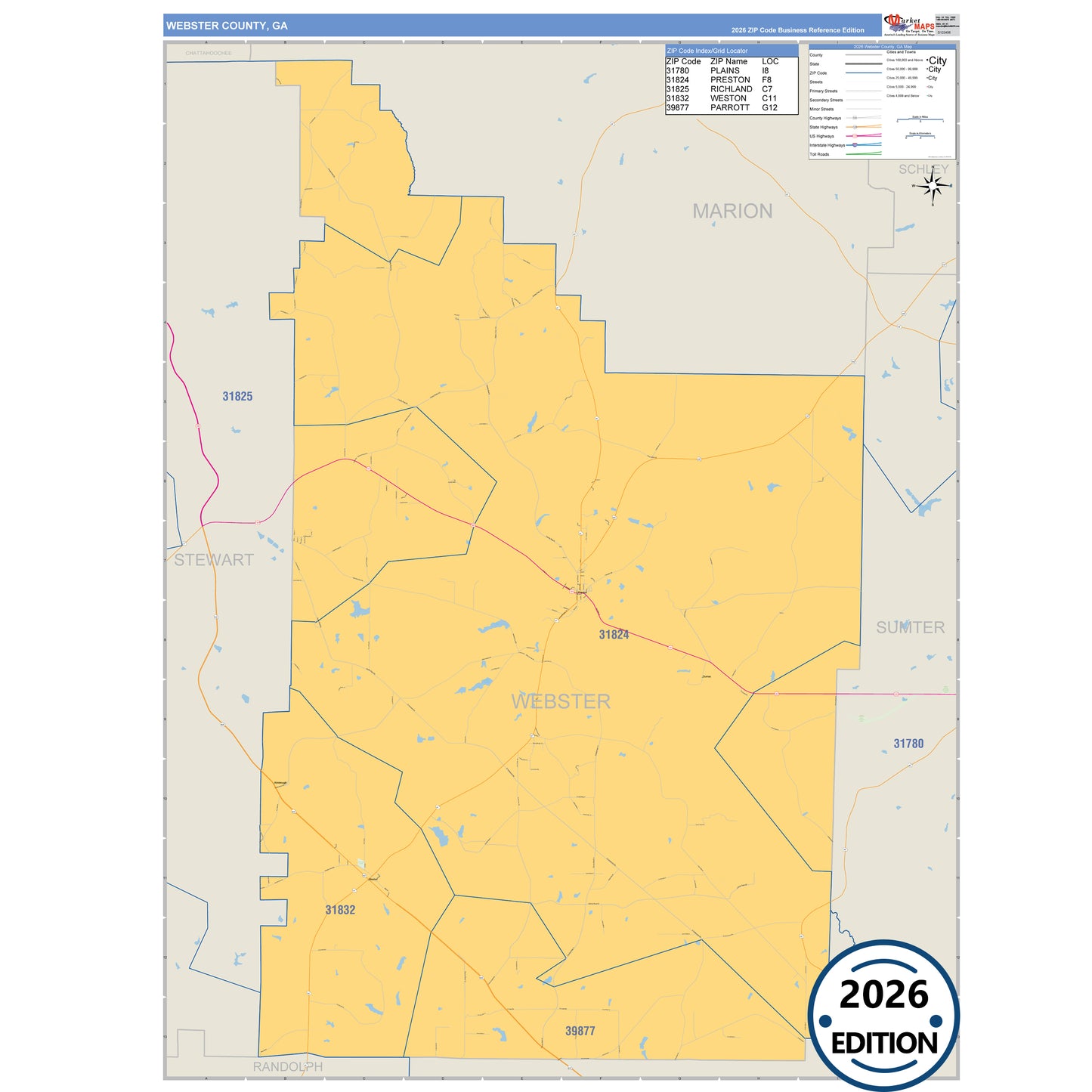 Webster County, GA Business Reference 5 Digit ZIP Code Wall Map