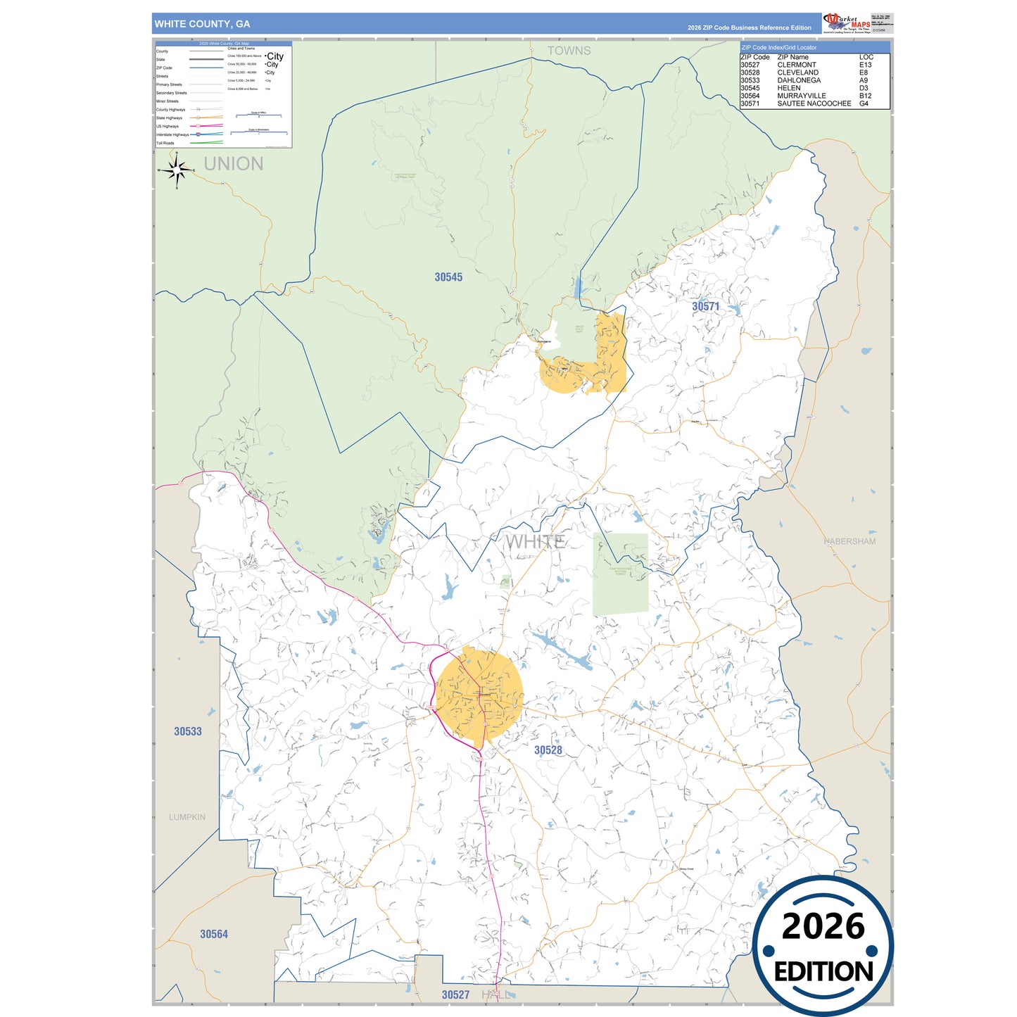 White County, GA Business Reference 5 Digit ZIP Code Wall Map