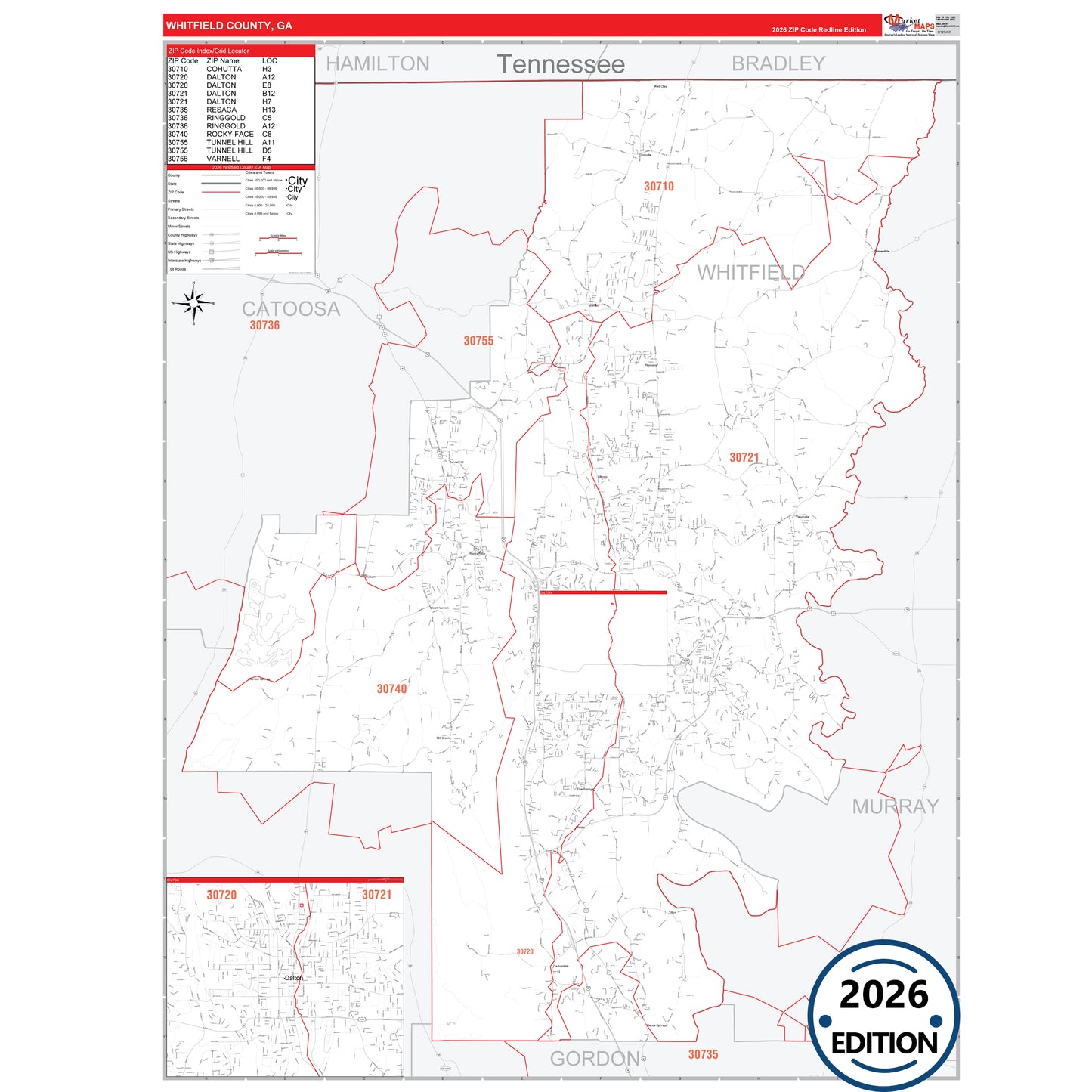 Whitfield County, GA Red Line 5 Digit ZIP Code Wall Map