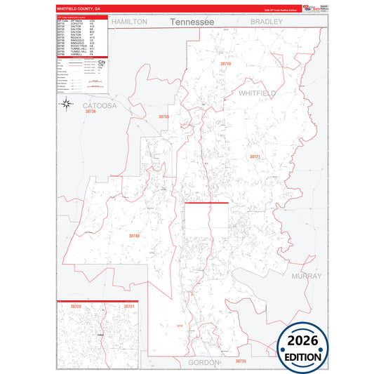 Whitfield County, GA Red Line 5 Digit ZIP Code Wall Map
