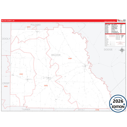 Wilcox County, GA Red Line 5 Digit ZIP Code Wall Map