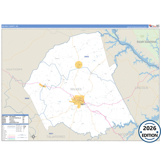 Wilkes County, GA Business Reference 5 Digit ZIP Code Wall Map
