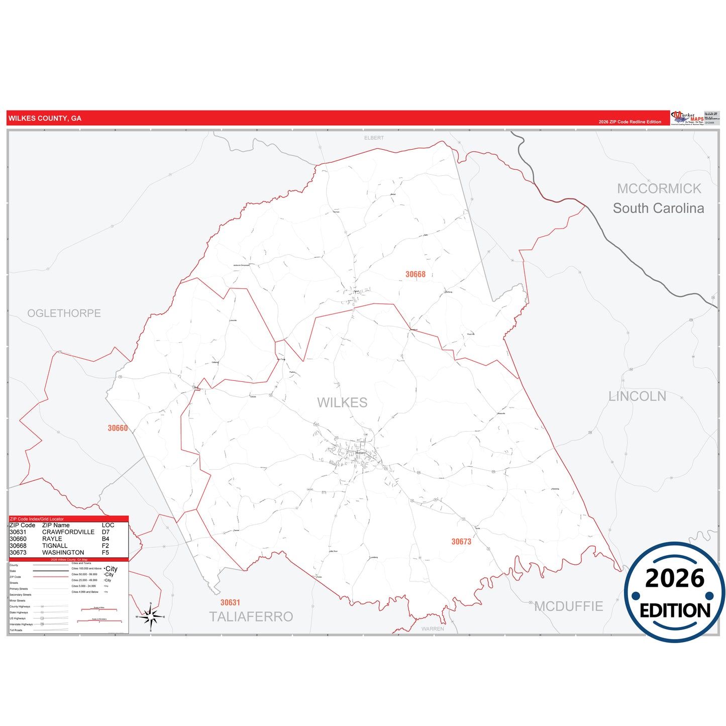 Wilkes County, GA Red Line 5 Digit ZIP Code Wall Map