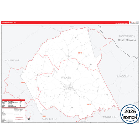 Wilkes County, GA Red Line 5 Digit ZIP Code Wall Map