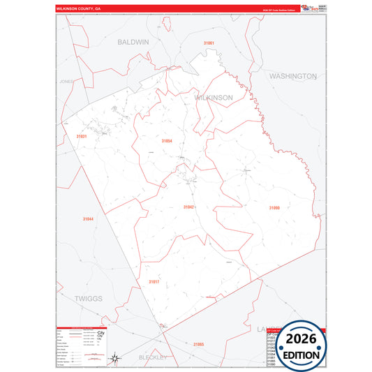 Wilkinson County, GA Red Line 5 Digit ZIP Code Wall Map