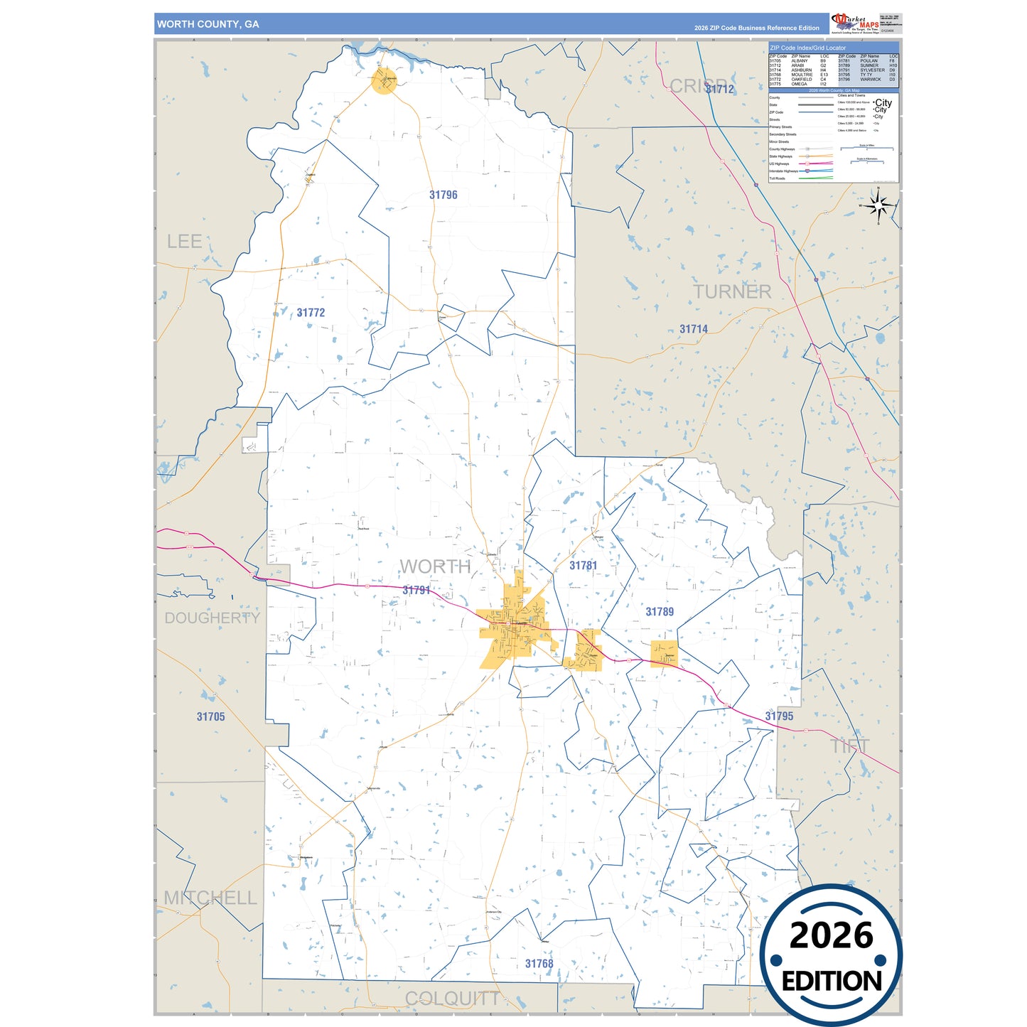 Worth County, GA Business Reference 5 Digit ZIP Code Wall Map