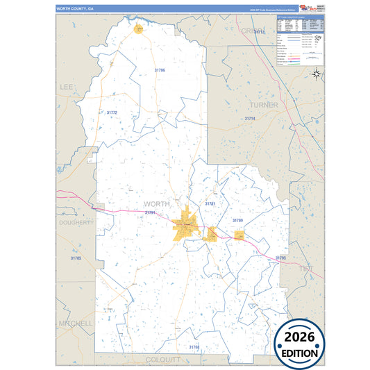 Worth County, GA Business Reference 5 Digit ZIP Code Wall Map