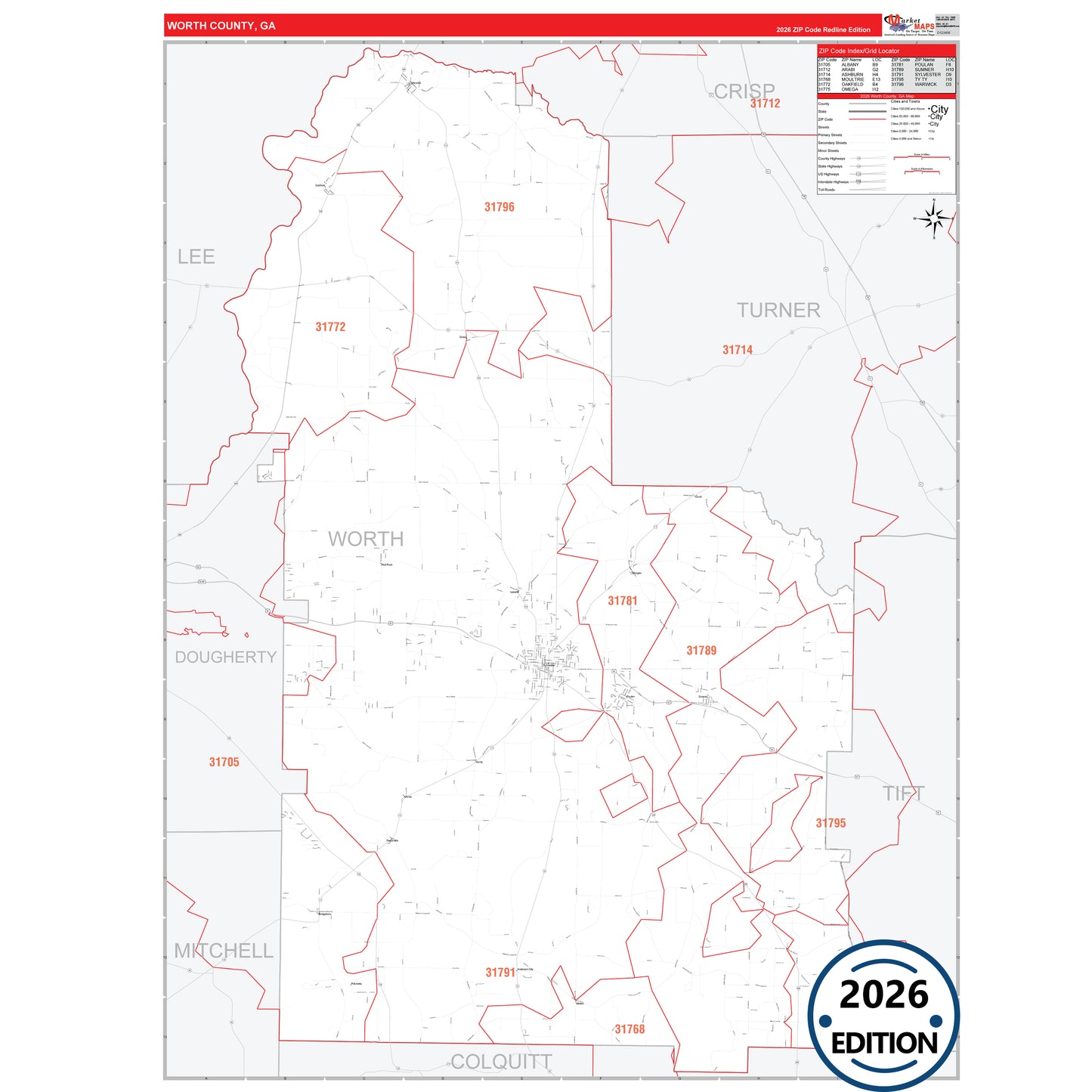 Worth County, GA Red Line map with detailed roads, cities, and ZIP code boundaries.