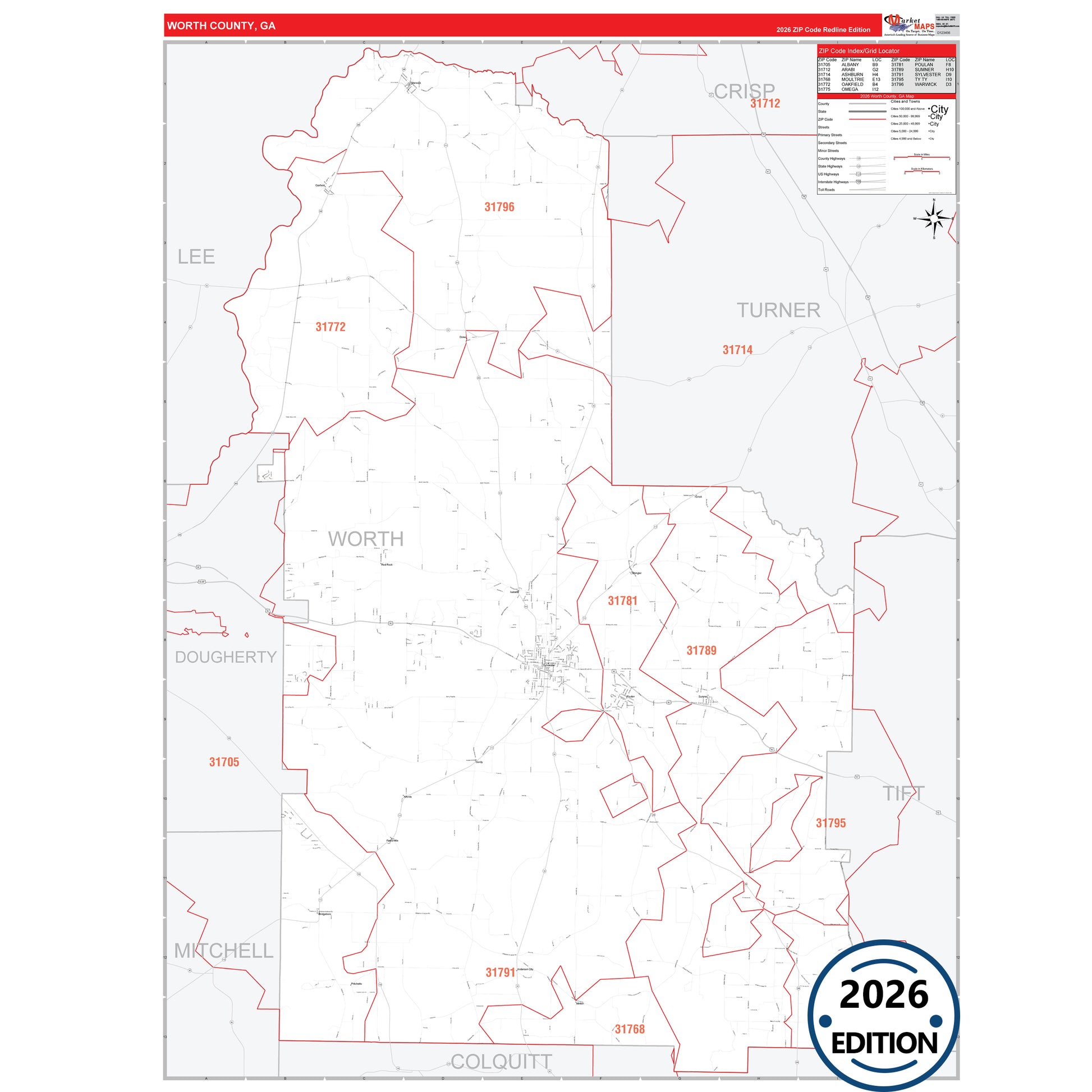 Worth County, GA Red Line map with detailed roads, cities, and ZIP code boundaries.