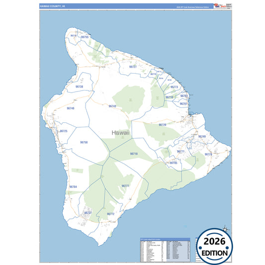 Hawaii County, HI Business Reference 5 Digit ZIP Code Wall Map