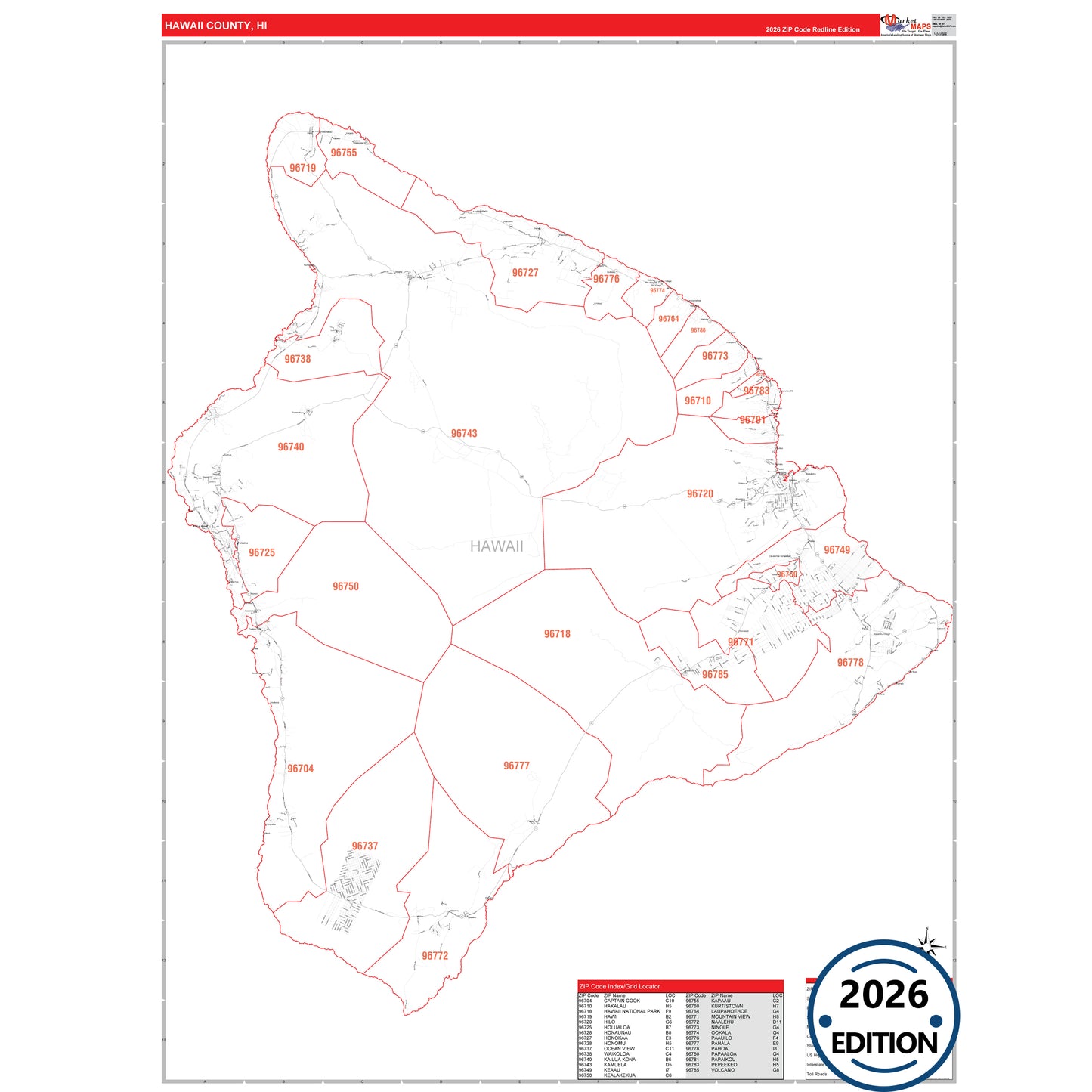 Hawaii County, HI Red Line 5 Digit ZIP Code Wall Map