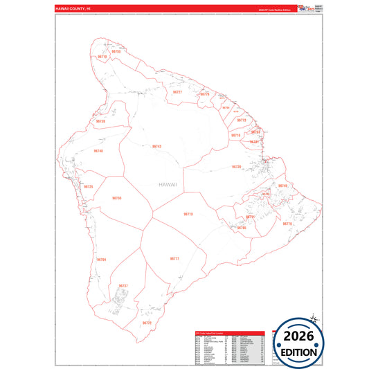 Hawaii County, HI Red Line 5 Digit ZIP Code Wall Map
