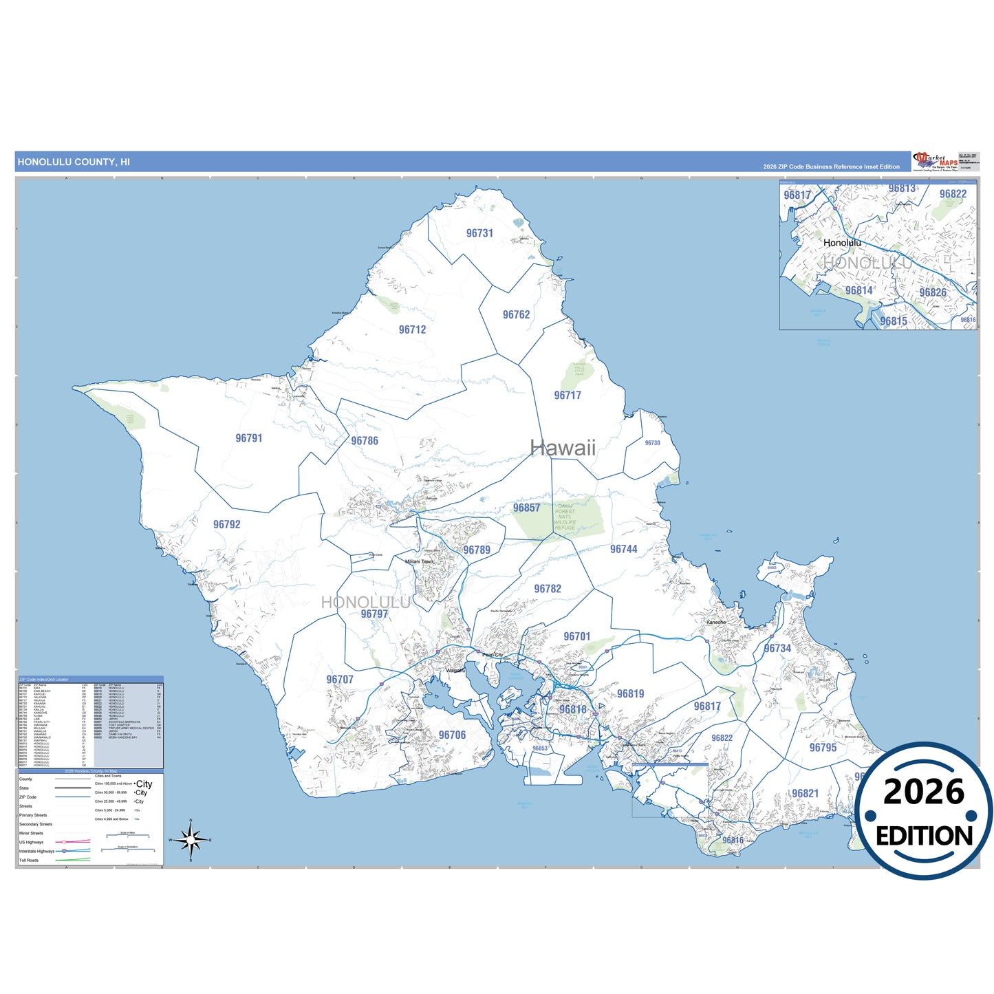 Honolulu County, HI Business Reference 5 Digit ZIP Code Wall Map