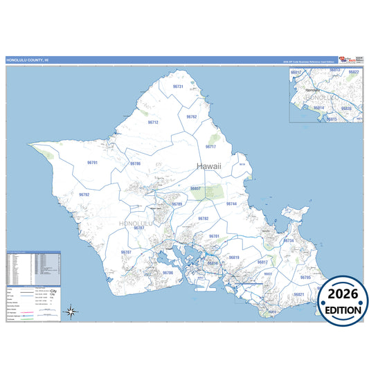 Honolulu County, HI Business Reference 5 Digit ZIP Code Wall Map