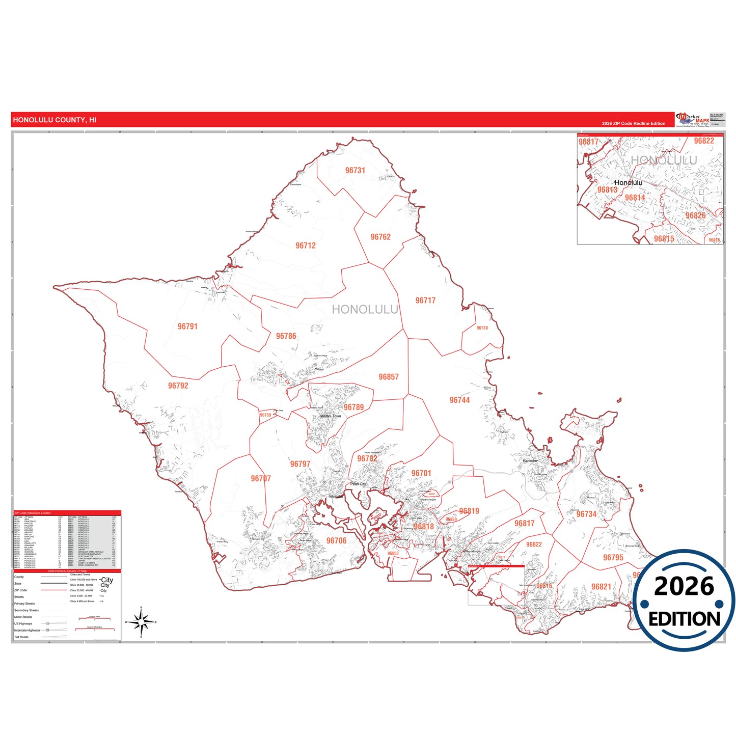 Honolulu County, HI Red Line 5 Digit ZIP Code Wall Map