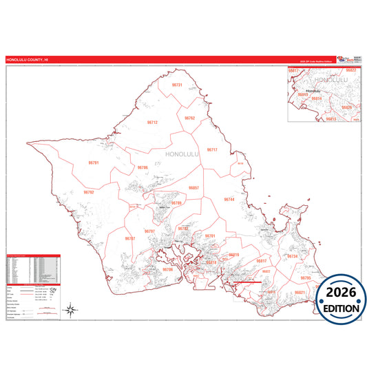 Honolulu County, HI Red Line 5 Digit ZIP Code Wall Map
